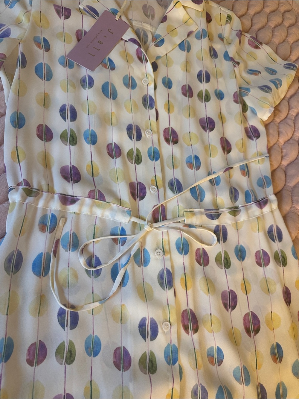 Dot Print Cream Midi Shirt Dress with Blue, Purple & Green Dot Print - Picture 2 of 4
